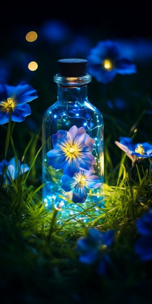星空下的蓝色玻璃瓶与黄色芙蓉花