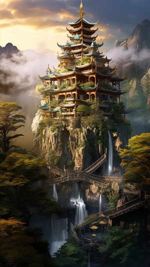 he tower, rocky hills and trees,photorealisticrendering, richly detailed backgroundsimmersive, religious building, easternbrushwork, contrasting lights and darks droneview,amazing epic chinese ancient themewater&ink style, Fantasy style, martial artsstyle, Temple, Chinese Divine Beast, Chinesefairy tale,highly detailed, dynamic, s 750-ar 16:9 s 750#midjourney #midjourney关键词