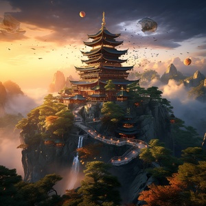 he tower, rocky hills and trees,photorealistic rendering, richly detailed backgrounds, immersive, religious building, eastern brushwork, contrasting lights and darks drone view, amazing epic chinese ancient theme, water&ink style, Fantasy style, martial arts style, Temple, Chinese Divine Beast, Chinese fairy tale,highly detailed, dynamic, s 750 ar 16:9 s 750#midjourney #midjourney