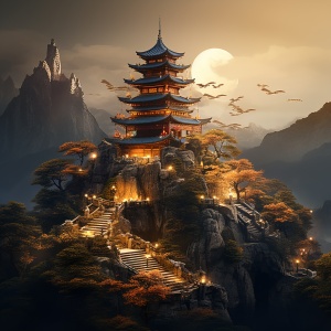 he tower, rocky hills and trees,photorealistic rendering, richly detailed backgrounds, immersive, religious building, eastern brushwork, contrasting lights and darks drone view, amazing epic chinese ancient theme, water&ink style, Fantasy style, martial arts style, Temple, Chinese Divine Beast, Chinese fairy tale,highly detailed, dynamic, s 750 ar 16:9 s 750#midjourney #midjourney