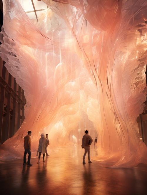 Low wide angle of people walk through a large translucent glowing water sculpture inside a pink and orange translucent gothic hall, dreamy soft ethereal::2 fantasy, intricate transparent feather details, volumetric light, epic cinematography scene ar 4:5 chaos 22 #midjourney关键词 #midjourney