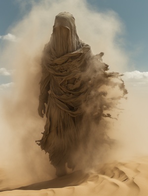 a legend of the sand walker morphing to sand and dust blowing and twirling across the desert dunes, movie shot, 4K