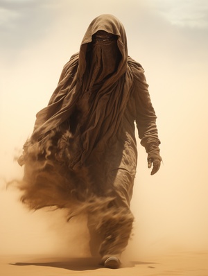 a legend of the sand walker morphing to sand and dust blowing and twirling across the desert dunes, movie shot, 4K