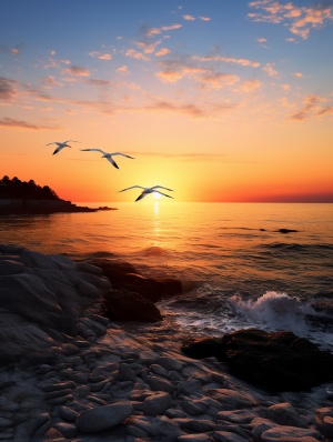 海鸥在奔腾的海浪下的夕阳黄昏景色
