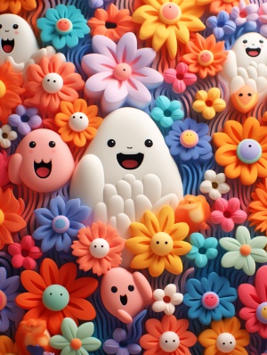 3d effect of cute clay ghosts and flowers in an overall pattern, cartoon and claymation style