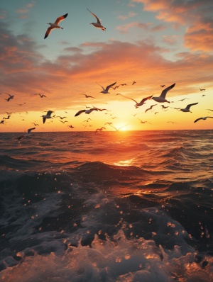 大海奔腾的海浪与追逐的海鸥