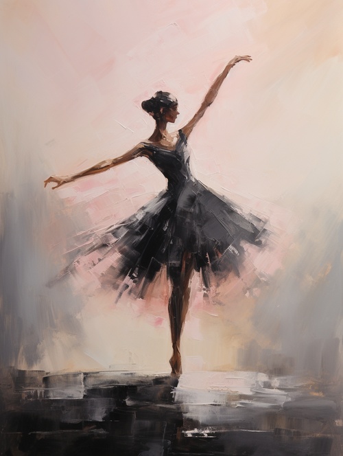 Elegant dancer in mid-leap, minimalist silhouette, oil painting style, graceful, moonlit with expressive brush strokes