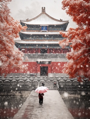 forbidden city, china, by dekun, in the style of snow scenes, white and crimson, colorful melancholy, rural china, majestic composition, layered and atmospheric landscapes