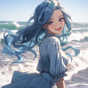 蓝色衣服，蓝色长发，笑容明媚，在海边