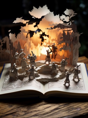 An illustrated book with soliders fighting each other on the battlefields, High and short depth of field, paper cut craft, 8K, hyper quality v 5.2 s 50