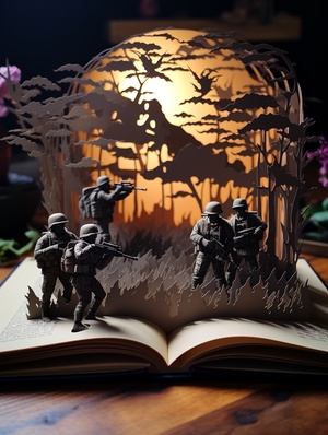 An illustrated book with soliders fighting each other on the battlefields, High and short depth of field, paper cut craft, 8K, hyper quality v 5.2 s 50