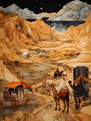 Embark on the Silk Road journey, caravans passing through a mountainous landscape, intricate patterns on silk fabrics fluttering in the wind, Traders in the endless desert, Artwork, mixed media collage v 6.0 s 50