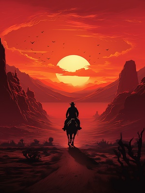 A remote ancient trail in China, a breeze rustling through barren landscapes, the sun setting over a desolate desert, a man riding a gaunt horse plodding along the path, highlighting the essence of isolation and resilience, Illustration, silhouette art