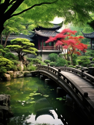 chinese style, Amidst a tranquil house garden, surrounded by the beauty of nature, with koi ponds, bamboo groves, a bridge, and blooming flowers, a sense of calm, natural world