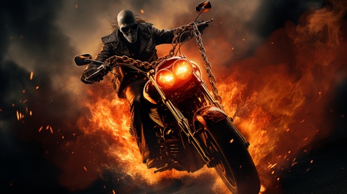 电影《恶灵骑士》中的恶灵骑士 骑在摩托车上 威武霸气 燃烧的骷髅头 燃烧的摩托车 哈雷摩托 高清 写实主义 真实的 细节 8K超高清