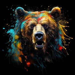 超细节眼睛的熊：线条艺术、黑色背景和液体融化