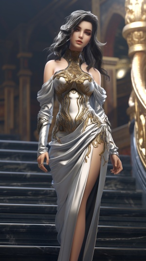 a woman in a dress posing for a picture, a 3D render, inspired by WLOP, cgsociety contest winner, cleopatra in her palace, clear curvy details, beautiful alluring anime woman, gleaming silver, thicc, elegant glamourous cosplay, smooth tiny details, beautiful sorceress female, gown, skintight dress, cgsociety - n 5 niji 5 ar 9:16