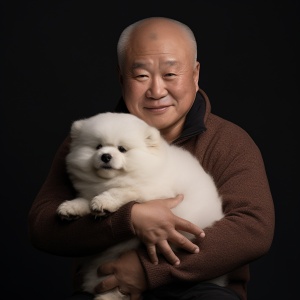 抱着白色泰迪狗的中国老爷爷