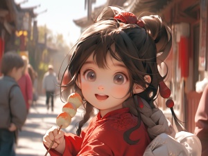 甜美可爱的小女生穿红色汉服走在古代街道上