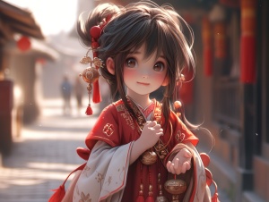 甜美可爱的小女生穿红色汉服走在古代街道上