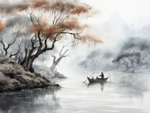 中国风水墨画，一条大河，两岸垂柳，一叶轻舟游河上，艄公身披蓑衣