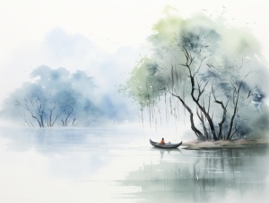 中国风水墨画：一条大河，两岸垂柳，一叶轻舟游河上，艄公身披蓑衣