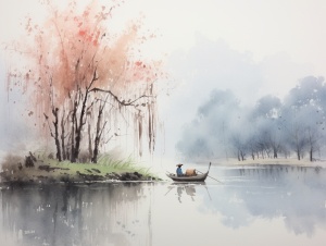 中国风水墨画：一条大河，两岸垂柳，一叶轻舟游河上，艄公身披蓑衣