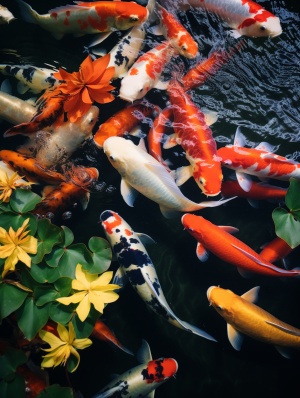 池塘中的锦鲤鱼与自然现象
