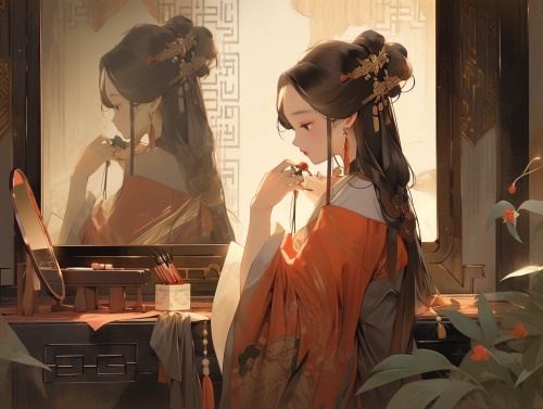 中国古代，一个穿着汉服的美丽女人，坐着束妆前，照着铜镜，哭泣