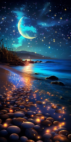 夜晚，银河系的星光，银白色的新月伴随着银河系的星光洒在沙滩上，海滩上有许多发光的生物，海滩是爱的形状，鹅卵石，发光的生物，荧光，金色，颜色，梦幻，超广角光，虚幻引擎，4K高清，高清。 ar 9：16