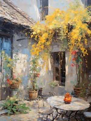 小院暖阳，莫奈油画中的花与树