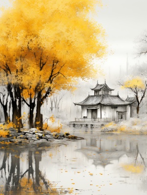 池塘边的黄色树木，采用精确，详细的建筑绘画风格，ben goossens，纪念性水墨画，迷人，田园诗般的乡村风光，令人毛骨悚然的现实主义，深白色和黄色，庆祝乡村生活