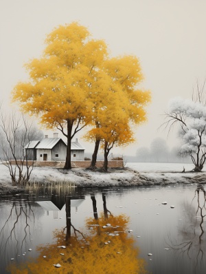 池塘边的黄色树木，采用精确，详细的建筑绘画风格，ben goossens，纪念性水墨画，迷人，田园诗般的乡村风光，令人毛骨悚然的现实主义，深白色和黄色，庆祝乡村生活