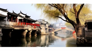 水彩画，江南美景，小桥流水人家，小桥要明显清晰，中国水墨画，古镇甪直景色，以局部小景为主，构图要以桥为主
