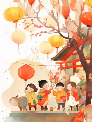 Chinese traditional folk custom New Year illustration, 3 kids playing in the courtryard, chinese light ink rendering painting style, frosted texture, Craft this scene in a lively Children's hand-drawn illustration style, art by ryo takemasa ar 3:4 v 6.0 style raw