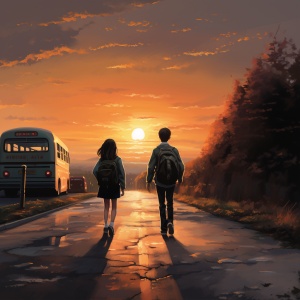 日落时，一个女学生和一个男学生走在路上