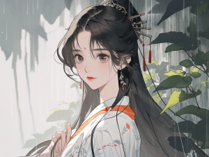 中国古代女孩特写视图，黑色头发，宋代服饰