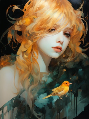a painting of a woman hoding thebird, in the style of dreamlike illustrations, golden palette, anime-influenced, serene faces, dark cyan and amber, close up, fairycore后缀：ar 83:128＄250v 6.0