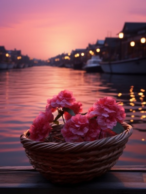 两朵粉红色的花在一个小的船形编织的篮子里，旁边的城市街道在黄昏阳光i照射下虚化背景，tinycore，简单，深粉红色和浅棕色，我不敢相信这是多么美丽，图片，高清，远景低角度微微仰拍