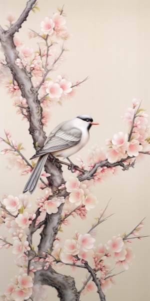 The plum tree has a delicate magpie, many blooming plum blossoms, floating auspicious clouds, embroidery art style, gossamer fabric, silk, with Sui style, super realistic details, light beige warm tones, bright colors, wallpaper, 8k