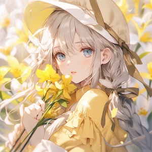 黄衣白发女孩的精致flora描绘风格
