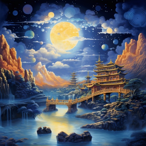 金色峡湾是一幅抽象绘画，顶部有月亮和星星，具有佛教艺术和建筑风格，greg hildebrandt，中国传统景观，超详细的插图，梦幻般的建筑，joong keun lee，天蓝色和蓝色