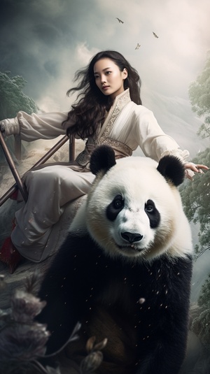 A Girl Riding on a Giant Panda in Chinese Clothing with Milky White Skin: Ultra-High Resolution and Best Quality