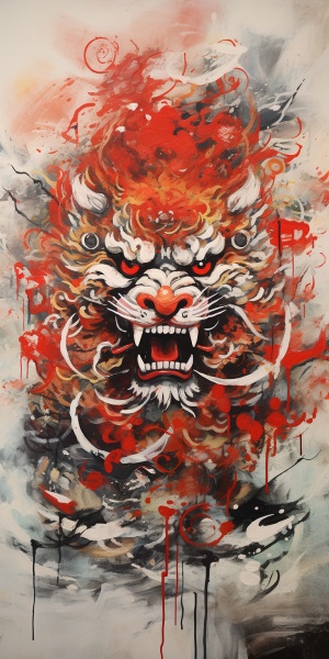 painting of Chinese lion with chinese symbols, in the style of expressive facial features, white and red, 32k uhd, balinese art, action painter, tupinipunk, gutai group