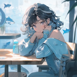 甜美女孩，穿湖蓝色衣服，坐在桌子旁边，手撑着腮，可爱，精致，浑身散发着柔和的光，