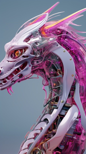 The robot, the head of an asian dragon, has an extremelydelicate and complex mechanical structure on thefront, with illustrations,X-ray perspective, and byNick Veasey, the image appears very ethereal, reflecting the beauty of technology and art ,Purple to magenta gradient background, strong contrast ar 9:16stylize250 v 6