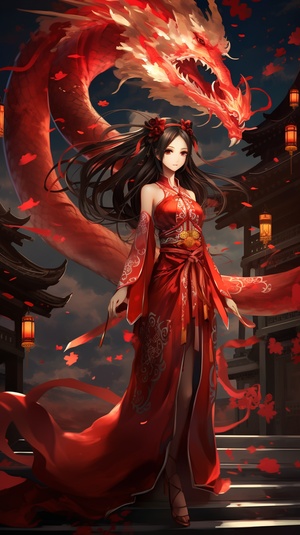 Chinese Girl in Red Dress Standing in front of Oriental Dragon