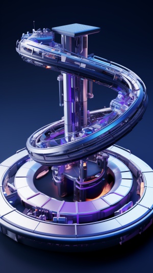 2.There is a cylindrical platform floating in the air, the middle of the platform is hollow, and below it is a metal conveyor belt, blue and purple tones, punk style, futuristic, c4d model, oc rendering,blender, hehance, ultra high definition, ultra detail v 5.2 ar 9:16iw2s750q 2