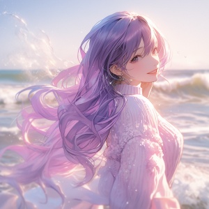 紫色衣服与长发的明媚笑容海边相约