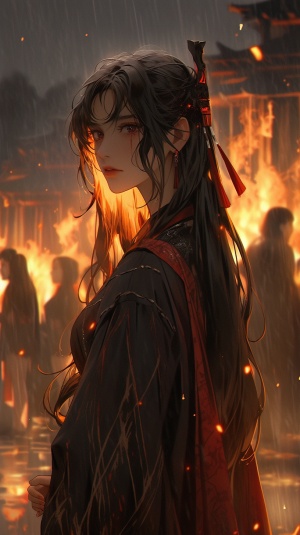 一身黑衣，神情哀伤，17岁少女，身穿汉服，铜钱耳坠，黑夜，身后一片火海，房屋被烧，古代场景。